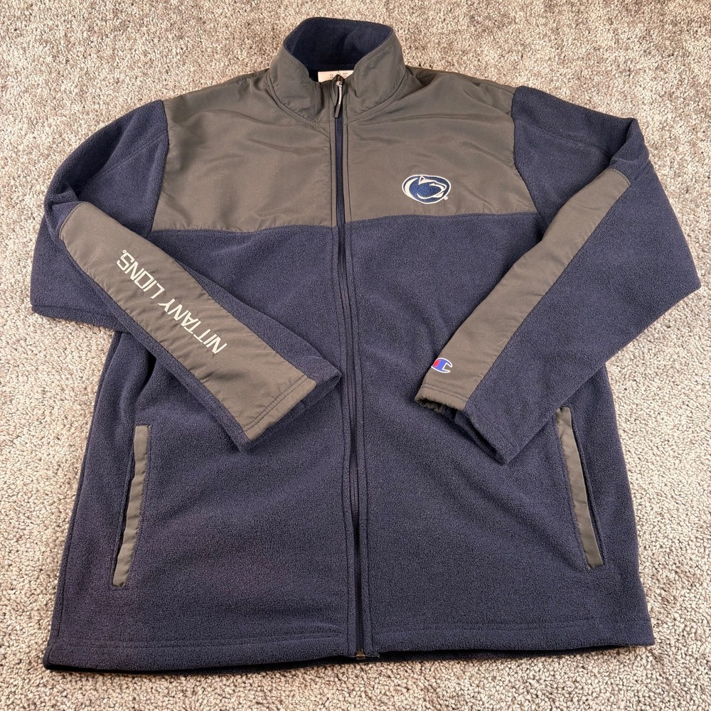 Penn State Fleece Mens L Navy‎ Gray Full ZIp Pockets Champion Lions Jacket